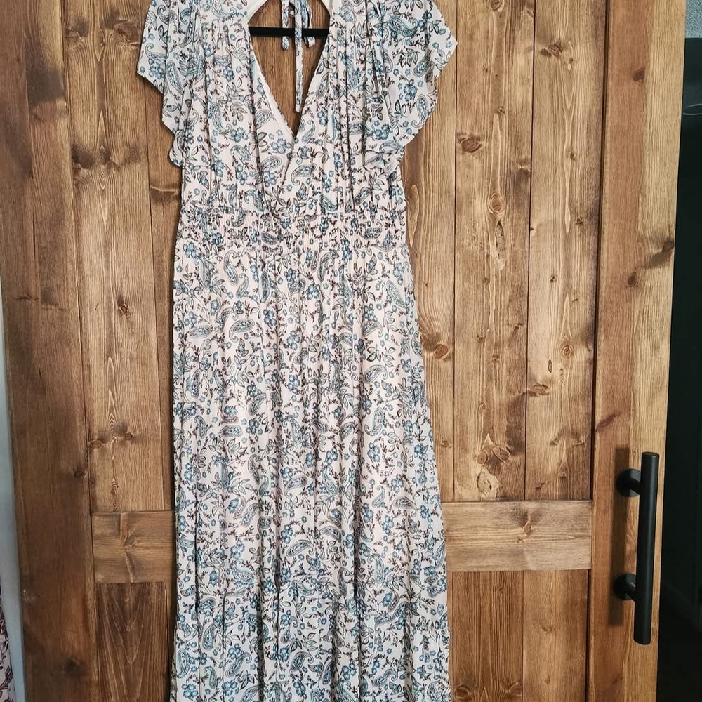 Maurices Cream and Blue Patterned Maxi Dress